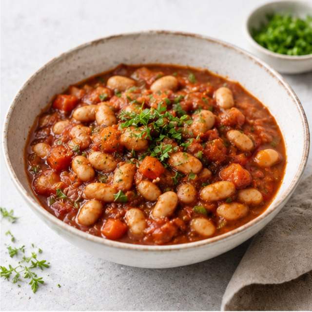 Braised beans with vegetables and herbs