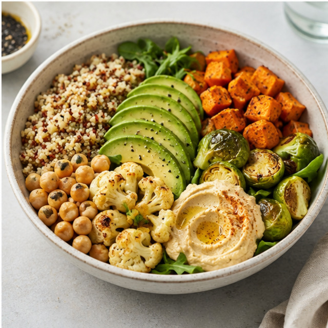 Bowl with quinoa, lentils, arugula and tomatoes