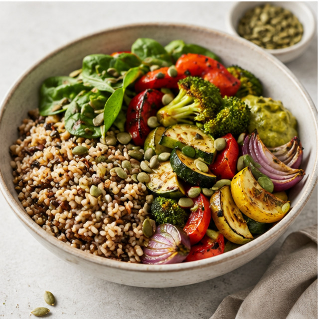 Bowl with buckwheat, tofu, spinach and carrot