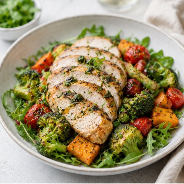 Chicken with brown rice, broccoli and herbs