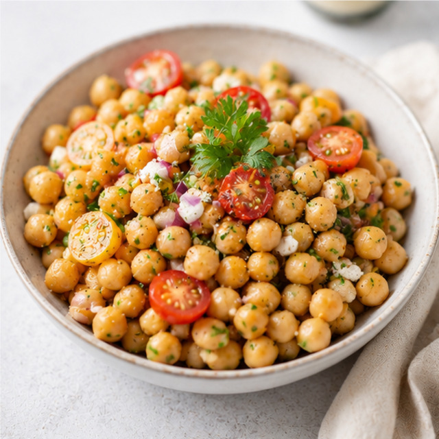 Chickpea salad with tuna, vegetables and herbs