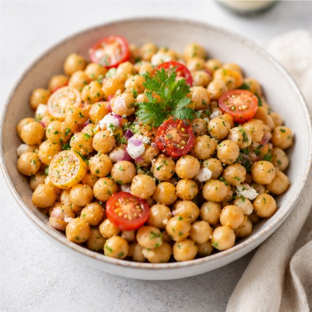 Chickpeas with roasted vegetables and feta