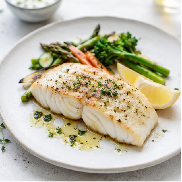 Baked cod with broccoli and brown rice