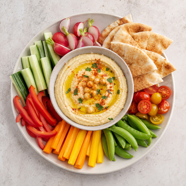 Hummus with fresh vegetables and pita