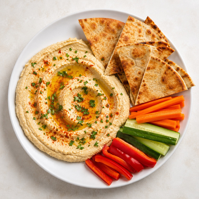 Carrots and cucumbers with hummus