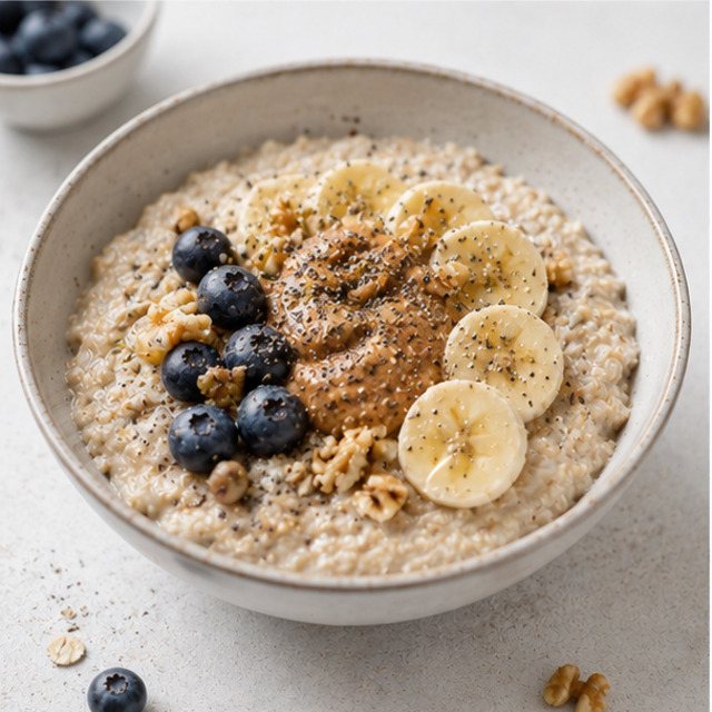 Oatmeal with milk, blueberries and walnuts