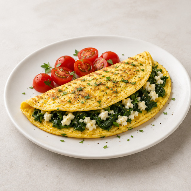 Three-egg omelette with spinach and whole-grain toast