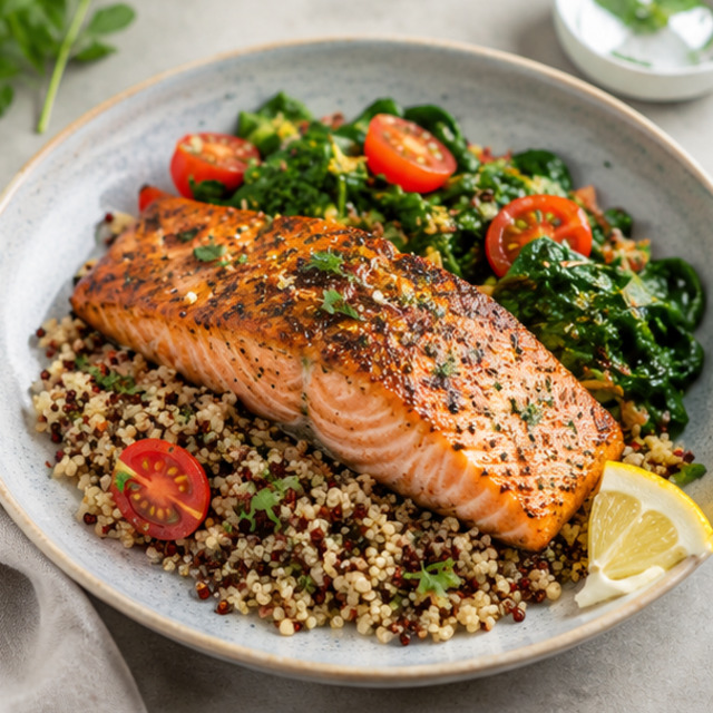 Salmon with vegetable and avocado salad