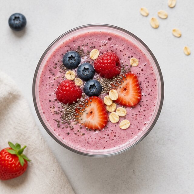 Smoothie with yogurt, berries, spinach and seeds