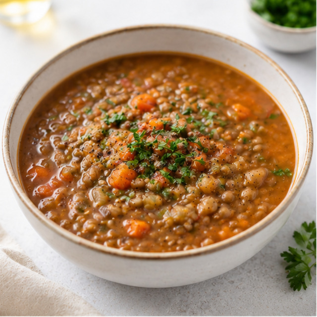 Lentil soup with chicken and salad
