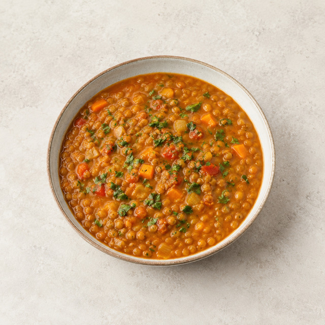Lentil soup with vegetables and a whole-grain crispbread