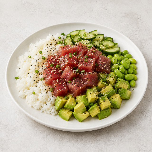 Tuna with brown rice, beans and herbs