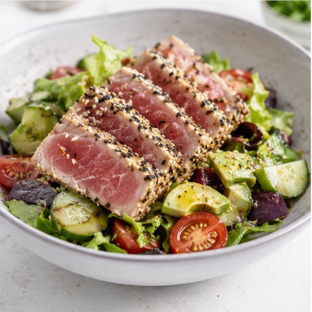 Tuna with brown rice and avocado